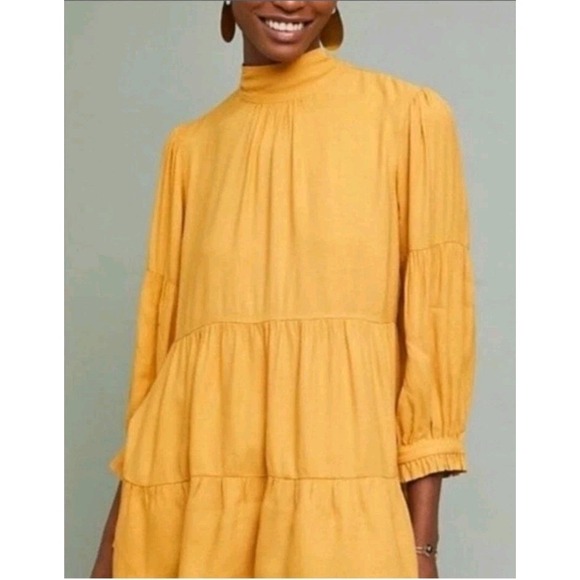 Anthropologie Tops - Anthropologie Maeve Goldie High Neck Tiered Flowy Blouse Sz Small Marigold READ